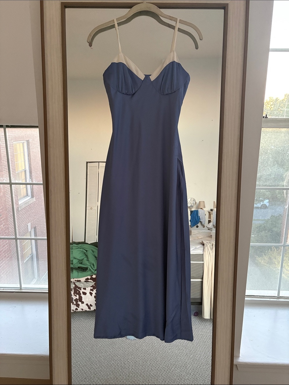 Elegant Blue Slip Dress with Contrast Ivory Trim